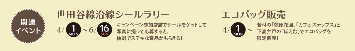 関連イベント 世田谷線沿線シールラリー4/1mon〜6/16sun エコバッグ販売 mon〜 